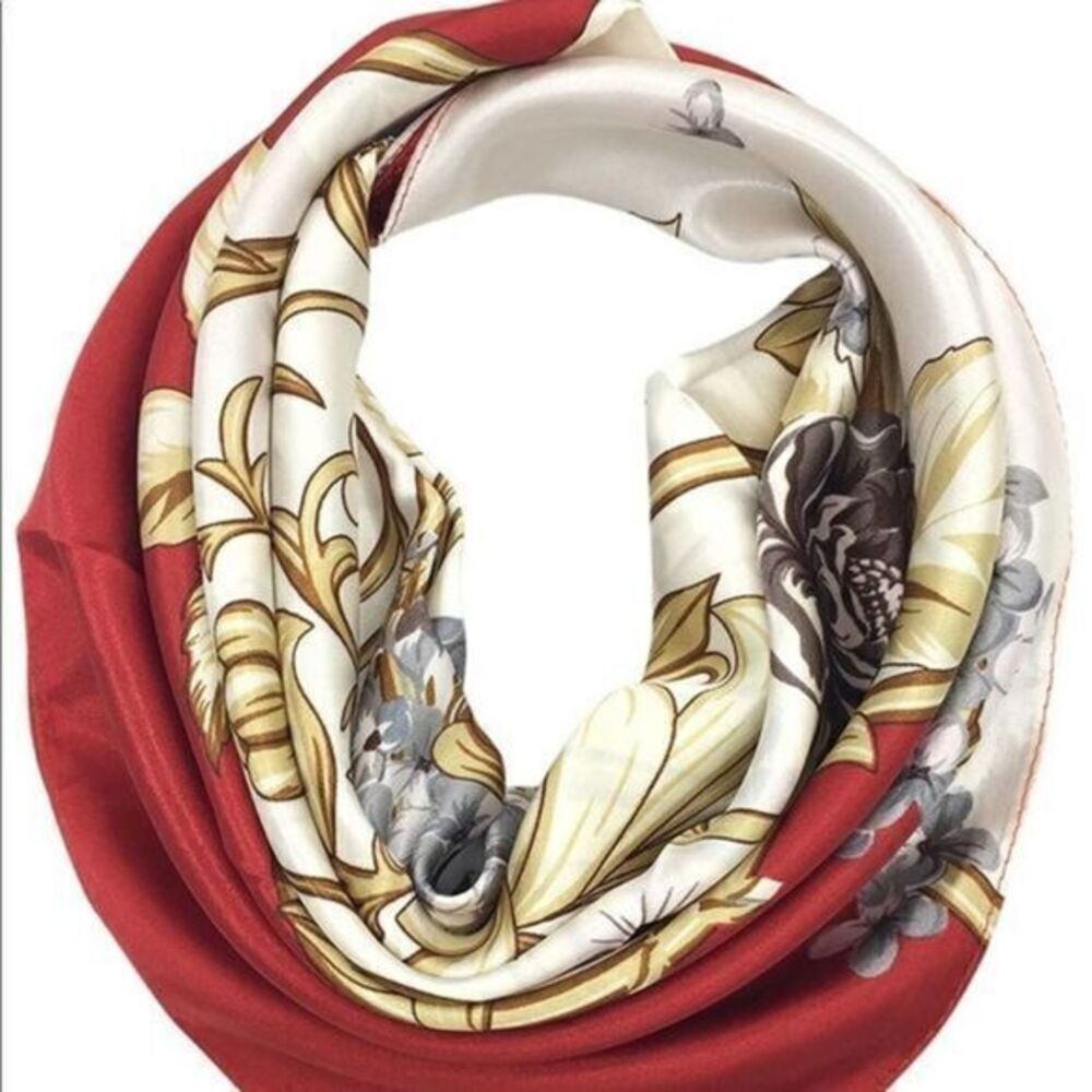 Red Foral Silk Satin Large Square Head Scarf